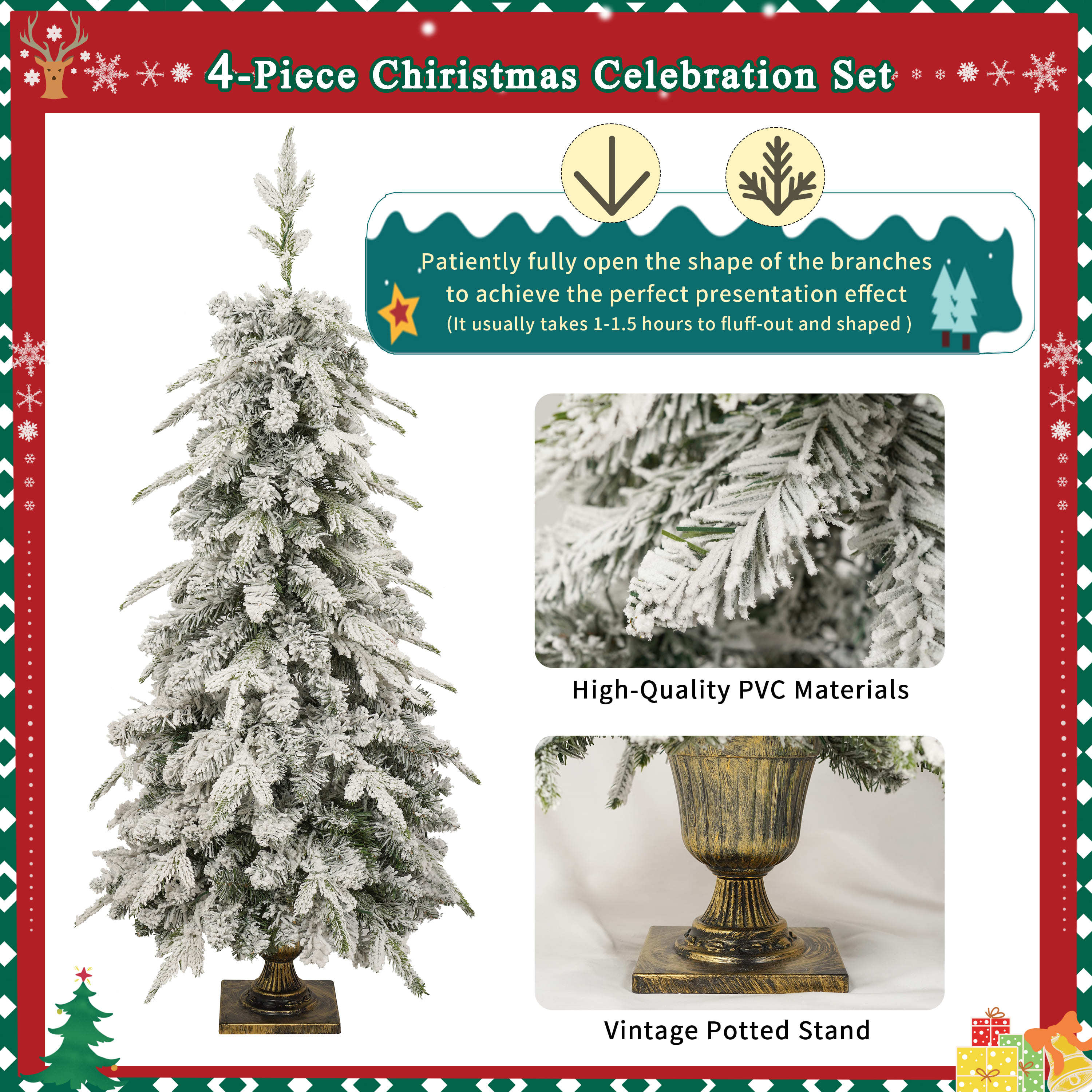 Pre-lit Christmas Artificial Tree 4-Piece Set, Garland, Wreath and Set