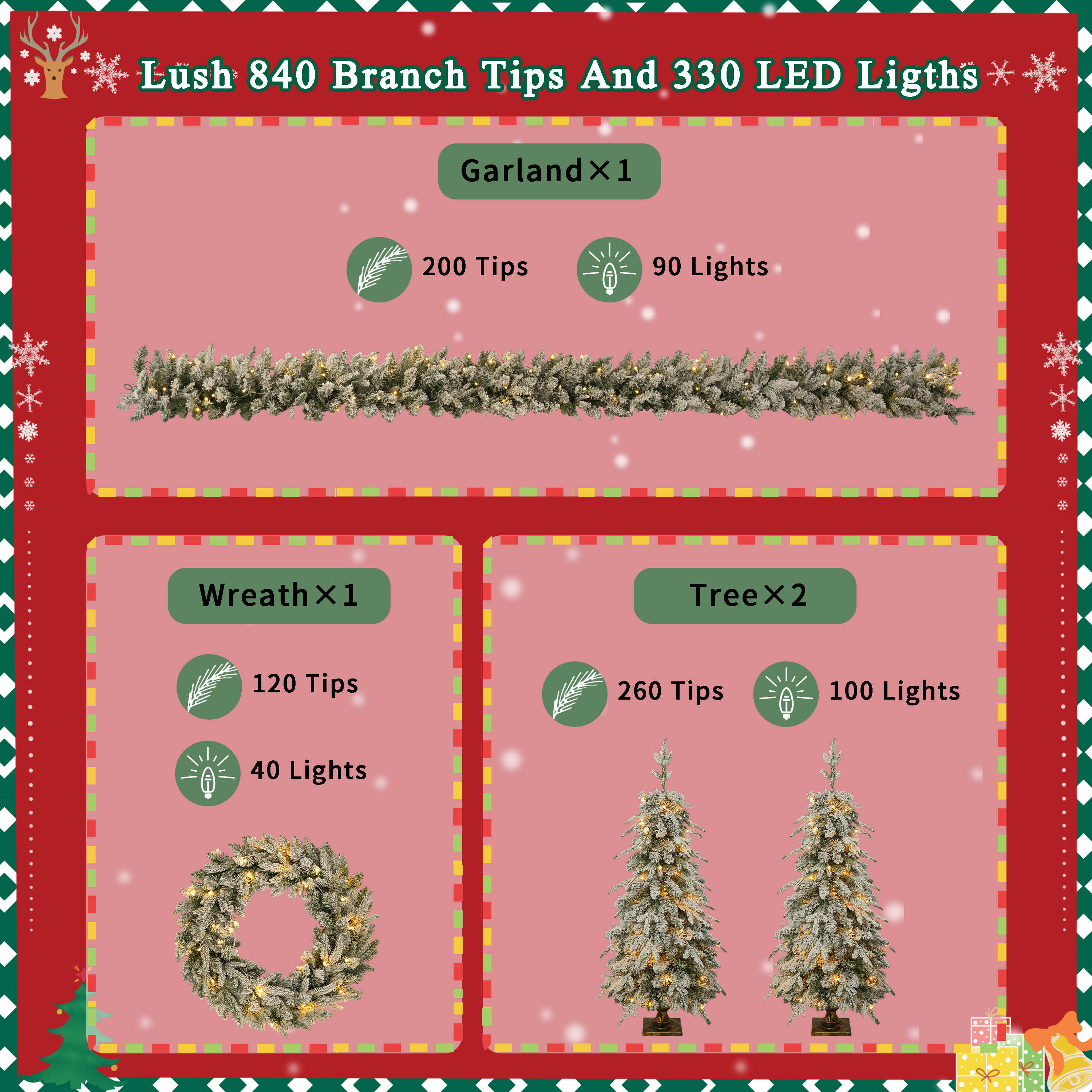 Pre-lit Christmas Artificial Tree 4-Piece Set, Garland, Wreath and Set