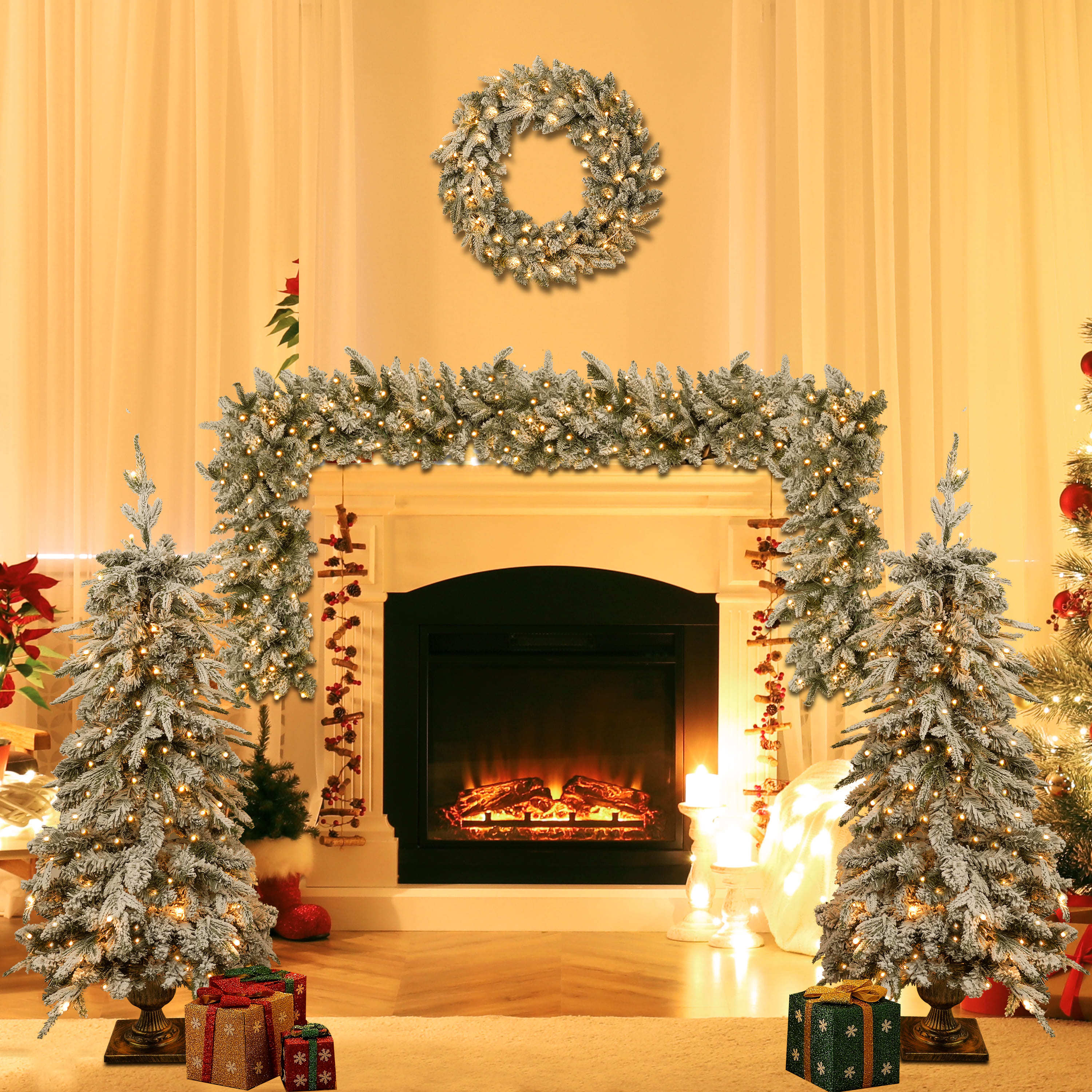 Pre-lit Christmas Artificial Tree 4-Piece Set, Garland, Wreath and Set