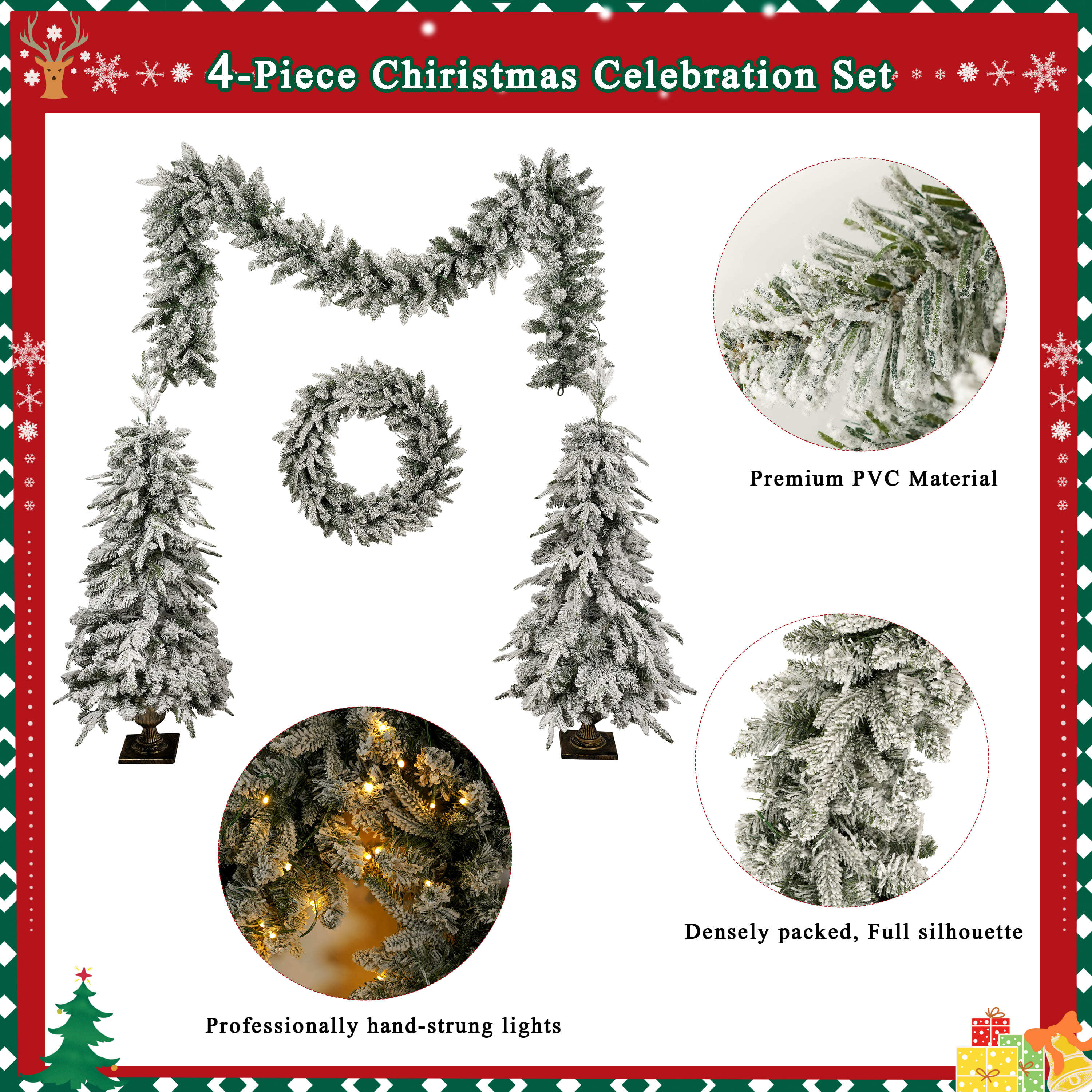Pre-lit Christmas Artificial Tree 4-Piece Set, Garland, Wreath and Set